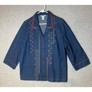 City Blues by Koret Chambray Top Womens 18 Embroidered 3/4 Sleeves Button Up